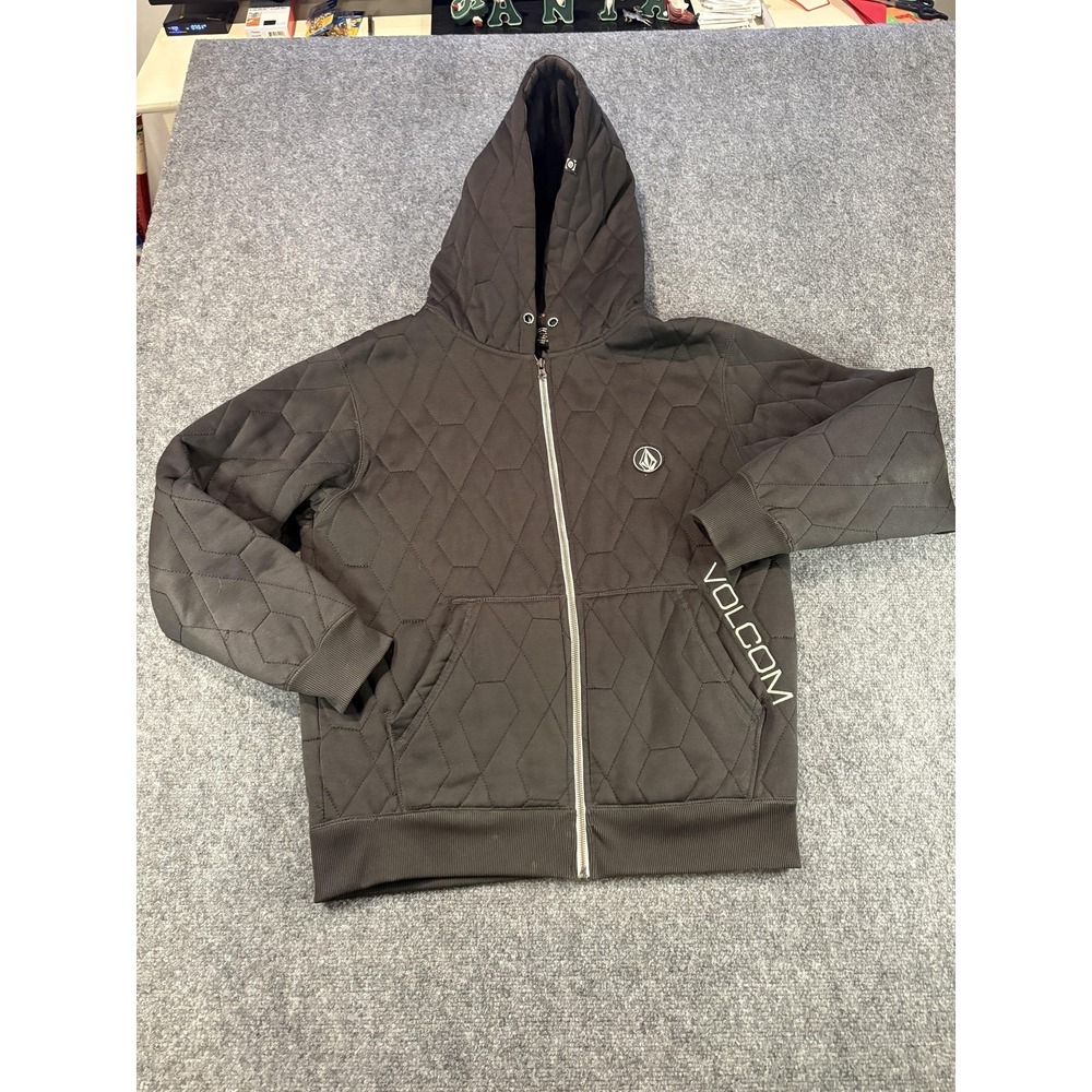 VTG Volcom Hoodie Mens M Black Quilted Full Zip Lined Insulated Skateboarding